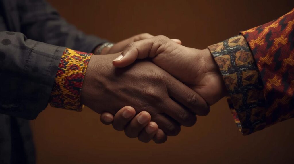 a candid, warm photo of two hands held together, where one or both wrists have a distinct, stylish piece of african print fabric as a bracelet or sleeve. focus on the connection.) (1)