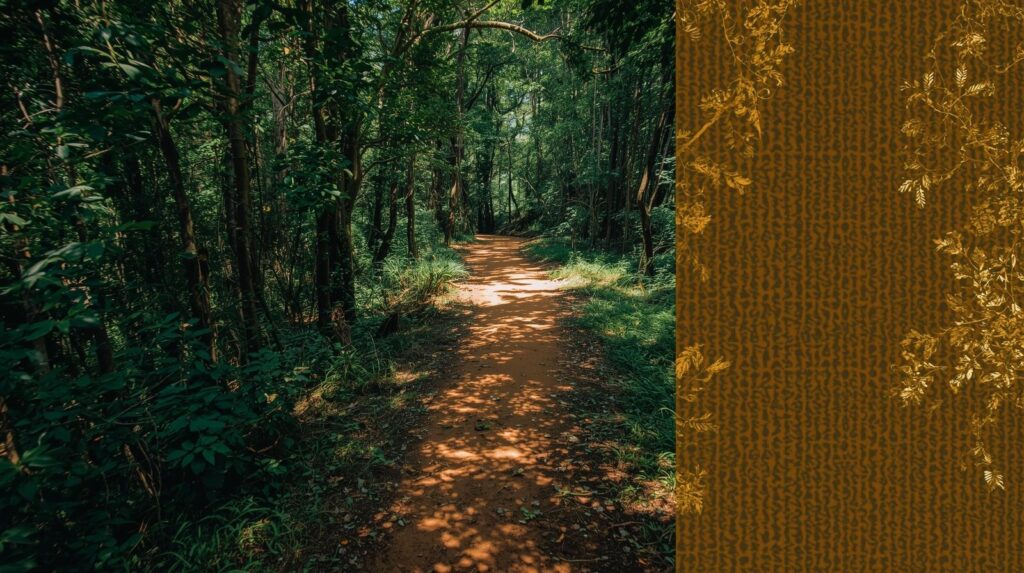 a photo looking down a path in a serene, symbolic location like karura forest, representing a journey. overlay a subtle, transparent african geometric pattern on one side of the image.) (1)